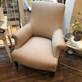 French vintage chair with a straight back, covered in Taupe linen, C1910, black turned legs