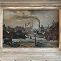 'Le Port du Havre en 1934'. Le Havre in Normandy 1934. Small oil on board. Framed.